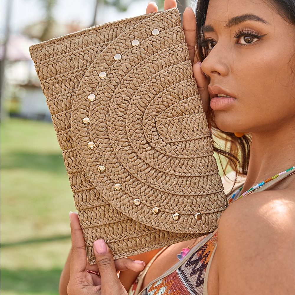 SHEIN Tan Woven Clutch with Gold Accents